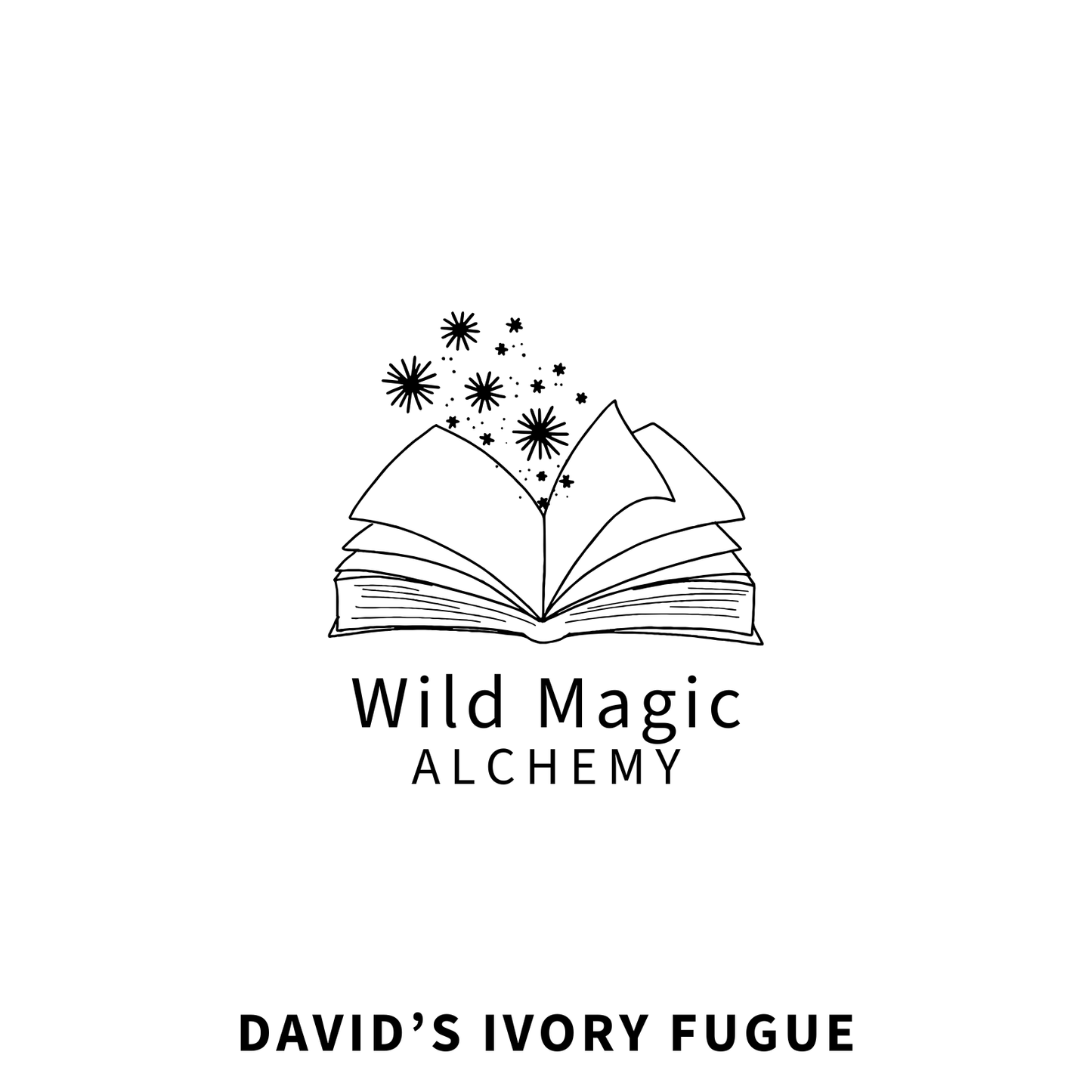 ADA Logo of Wild Magic Alchemy with an open book and stars on a white background. The name of the product is David’s Ivory Fugue.