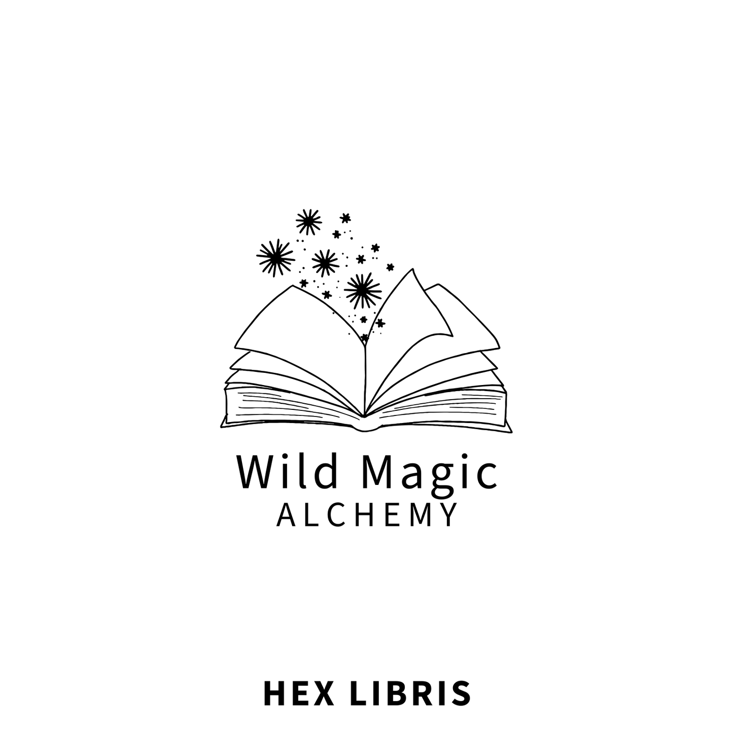 ADA Logo of Wild Magic Alchemy with an open book and stars on a white background. Product is Hex Libris.