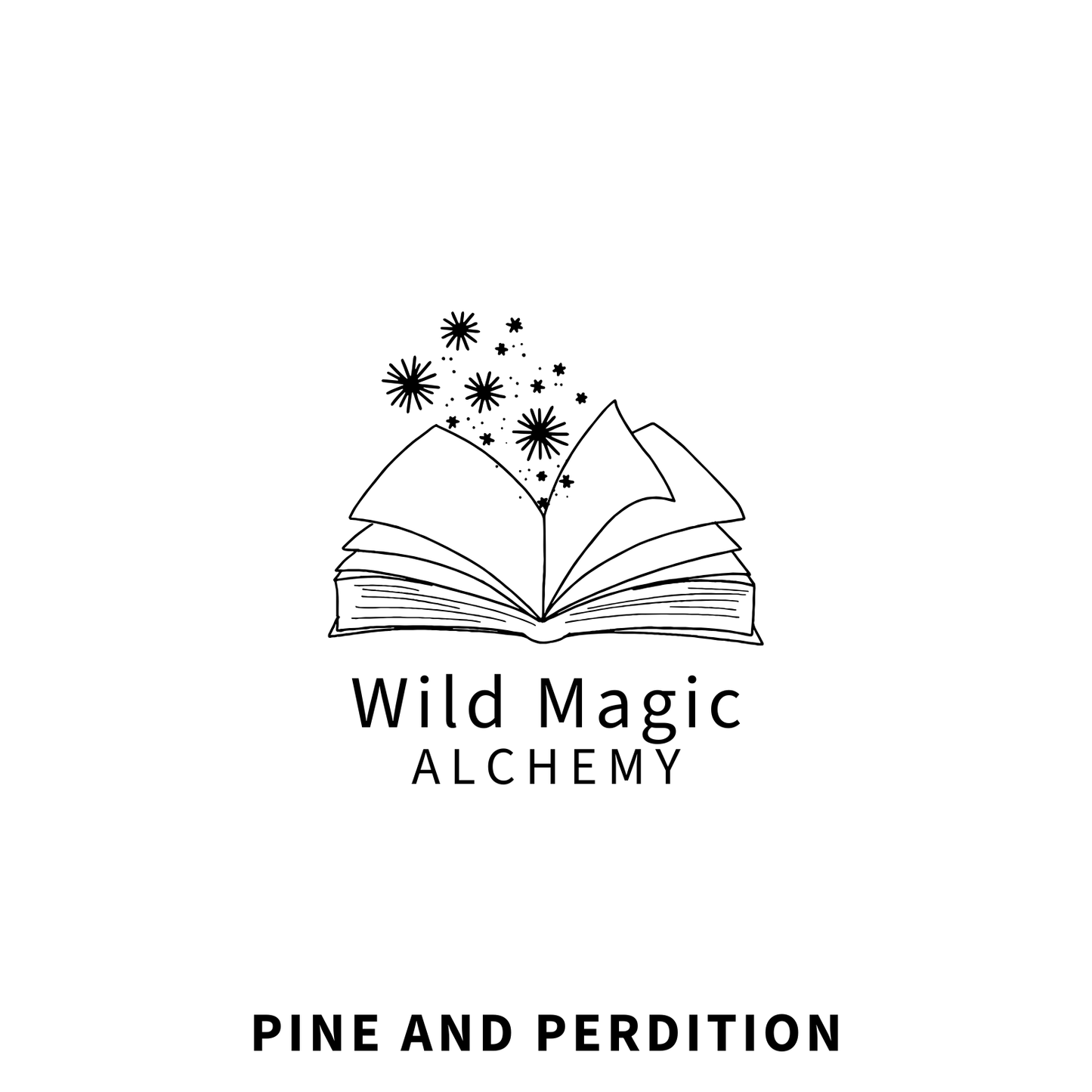 ADA LOGO for Wild Magic Alchemy with an open book and stars on a white background. The product is called Pine and Perdition.