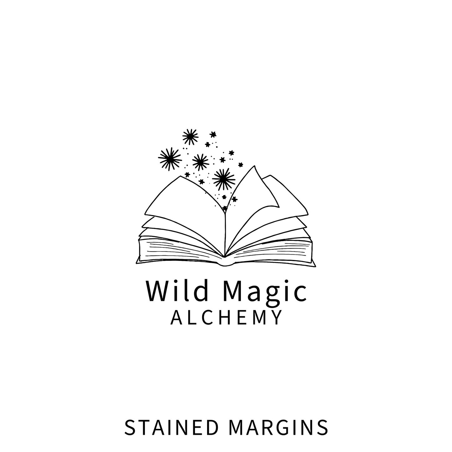 Logo of Wild Magic Alchemy with an open book and star-like symbols on a white background. Product is Stained Margins.