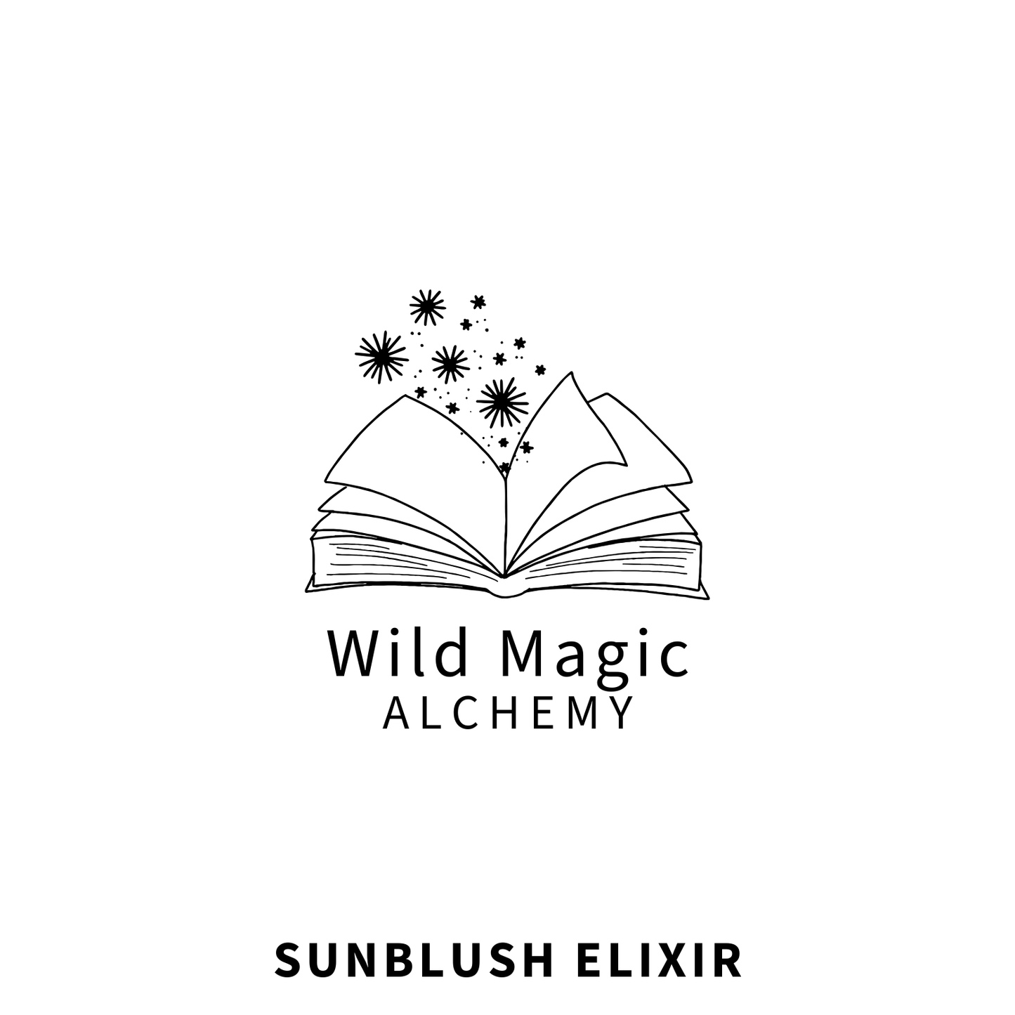 ADA Logo for Wild Magic Alchemy with an open book and star-like symbols on a white background. The product is Sunblush Elixir.