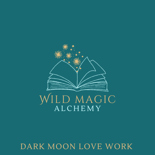 Wild Magic Alchemy Logo of open book and stars on teal background. The name of the Collection is Dark Moon Love Work. 