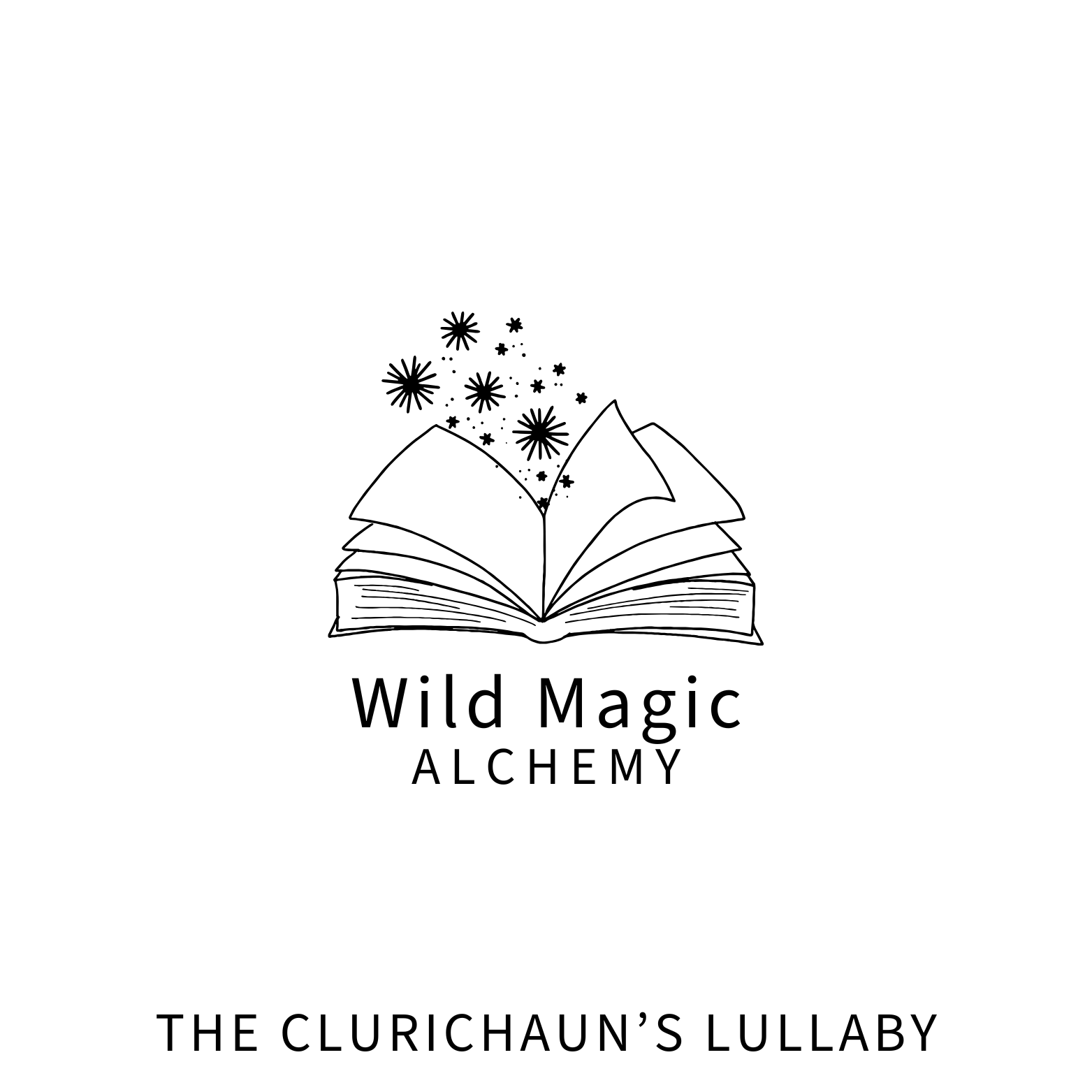 Logo for Wild Magic Alchemy with an open book and stars on a white background. Product is The Clurichaun’s Lullaby.