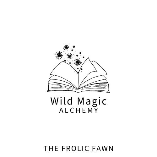 Logo for Wild Magic Alchemy with an open book and star-like symbols on a white background. Product is The Frolic Fawn. 