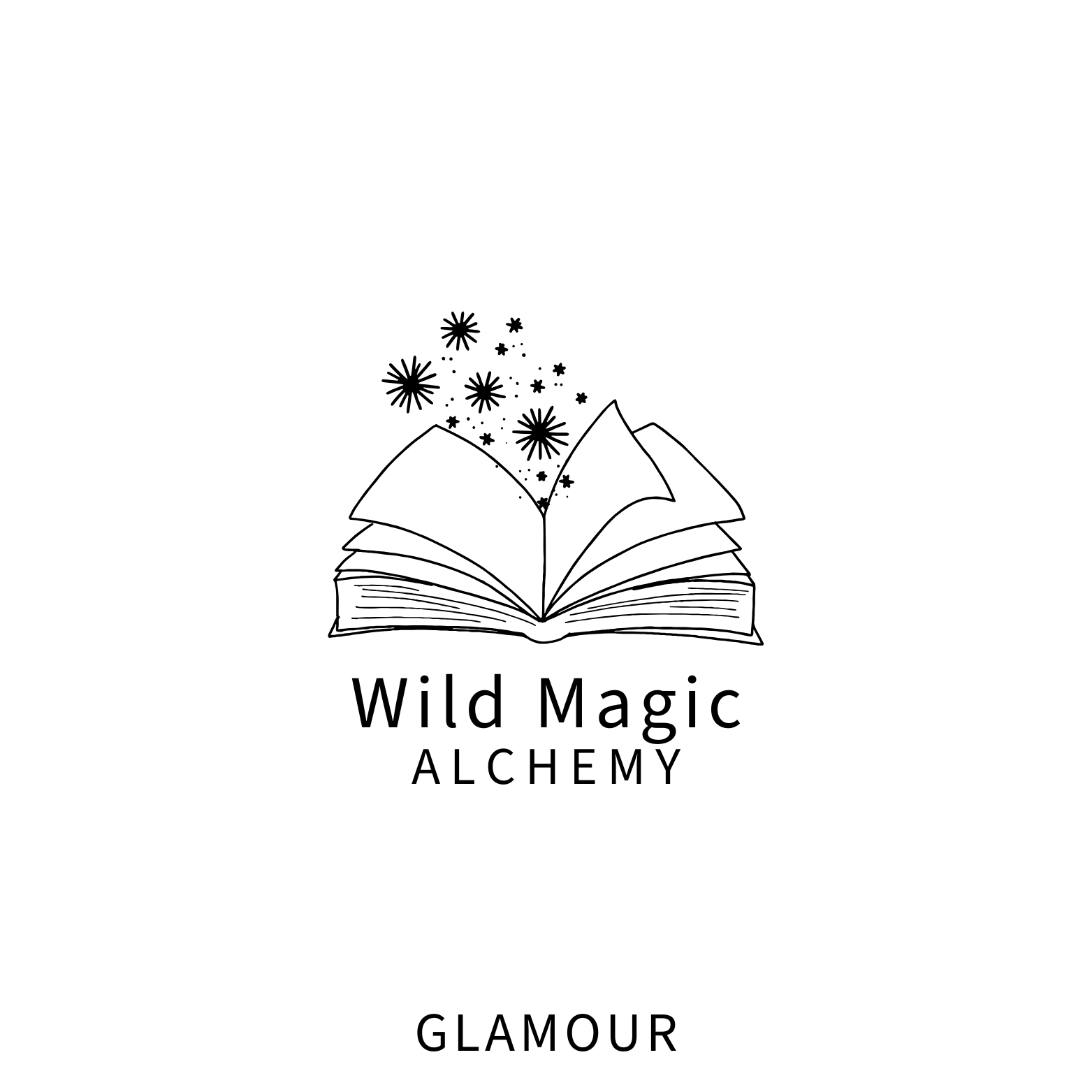 ADA Logo of Wild Magic Alchemy with an open book and star-like symbols on a white background. Product is called Glamour. 