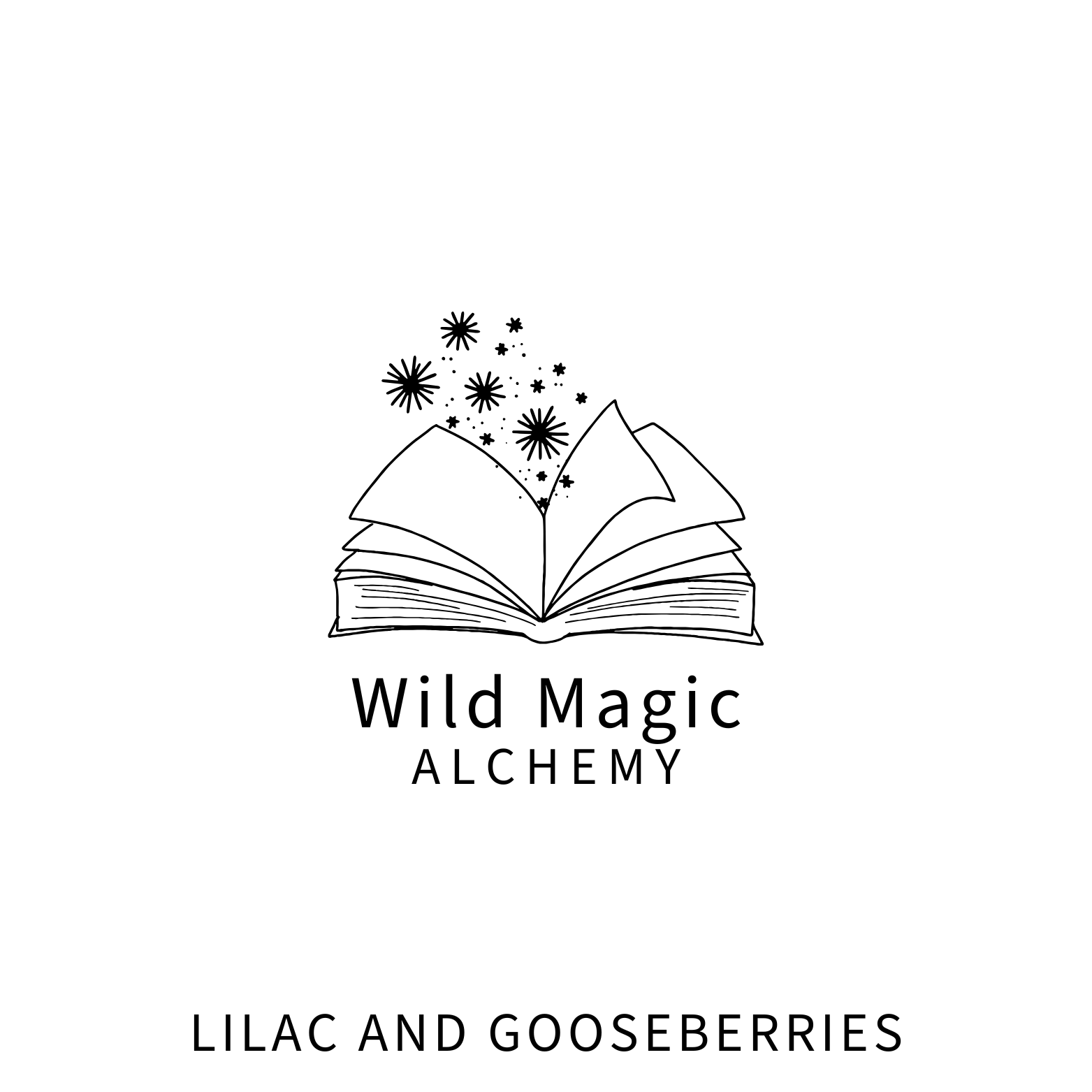 ADA Logo for Wild Magic Alchemy with an open book and star-like symbols on a white background. Product is Lilac and Gooseberries. 