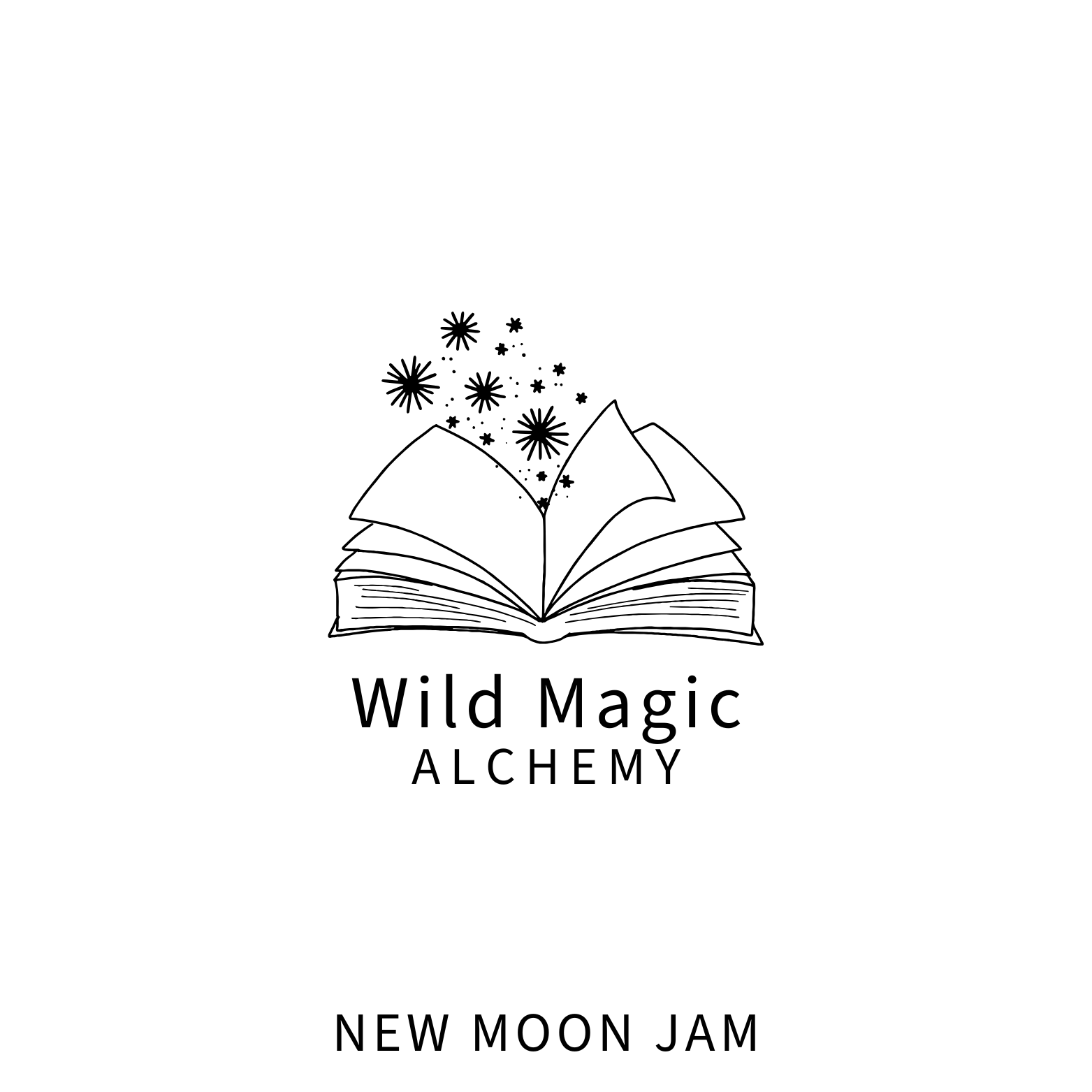 Logo for Wild Magic Alchemy with an open book and star illustrations on a white background. Product is New Moon Jam. 