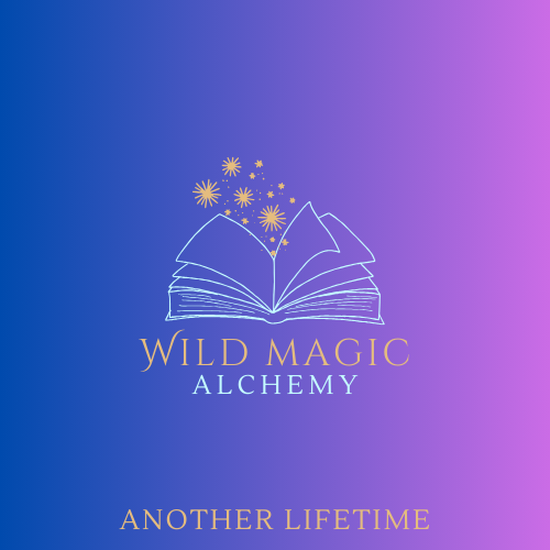 Logo for Wild Magic Alchemy with an open book and stars on a gradient blue to purple background. The product is Another Lifetime. Available 01/09