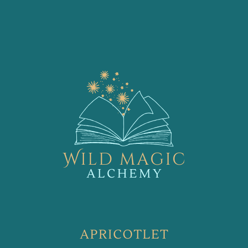 Logo for Wild Magic Alchemy with an open book and stars on a teal background. Product is Apricotlet. 