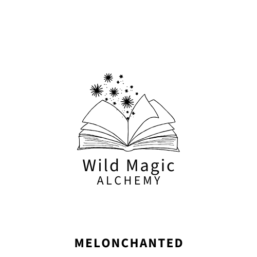A minimalist black line-art logo featuring an open book with magical sparkles rising from it, above the words 'Wild Magic ALCHEMY.' Below, the word 'MELONCHANTED' appears in bold uppercase text on a plain white background.