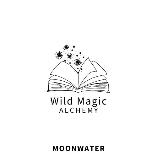 A minimalist black line art logo featuring an open book with magical sparkles rising from it, above the words 'Wild Magic ALCHEMY.' Below, the word 'MALLOWOOD' appears on a plain white background.
