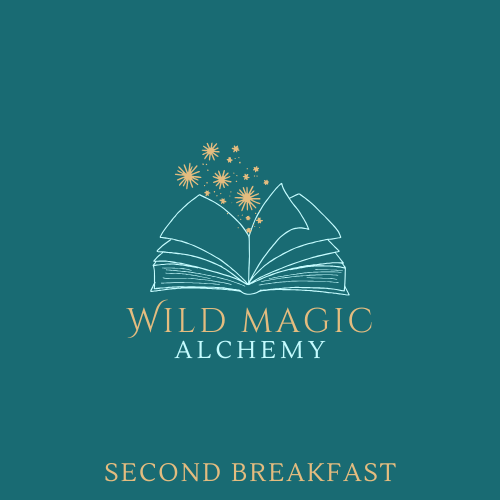 Logo for Wild Magic Alchemy with an open book and stars on a teal background. The product is Second Breakfast. 