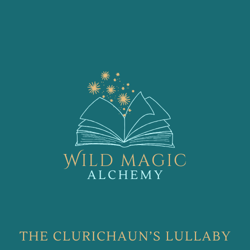 Book logo of Wild Magic Alchemy on a teal background. Product is called The Clurichaun’s Lullaby. 