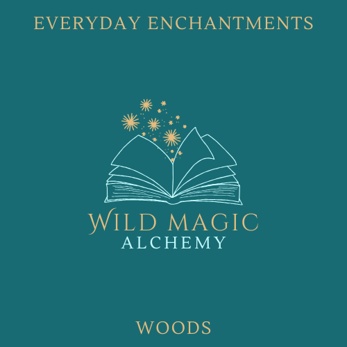 Book cover of 'Everyday Enchantments' by Wild Magic Alchemy with an open book illustration on a teal background. Fragrance is Everyday Enchantments Woods 
